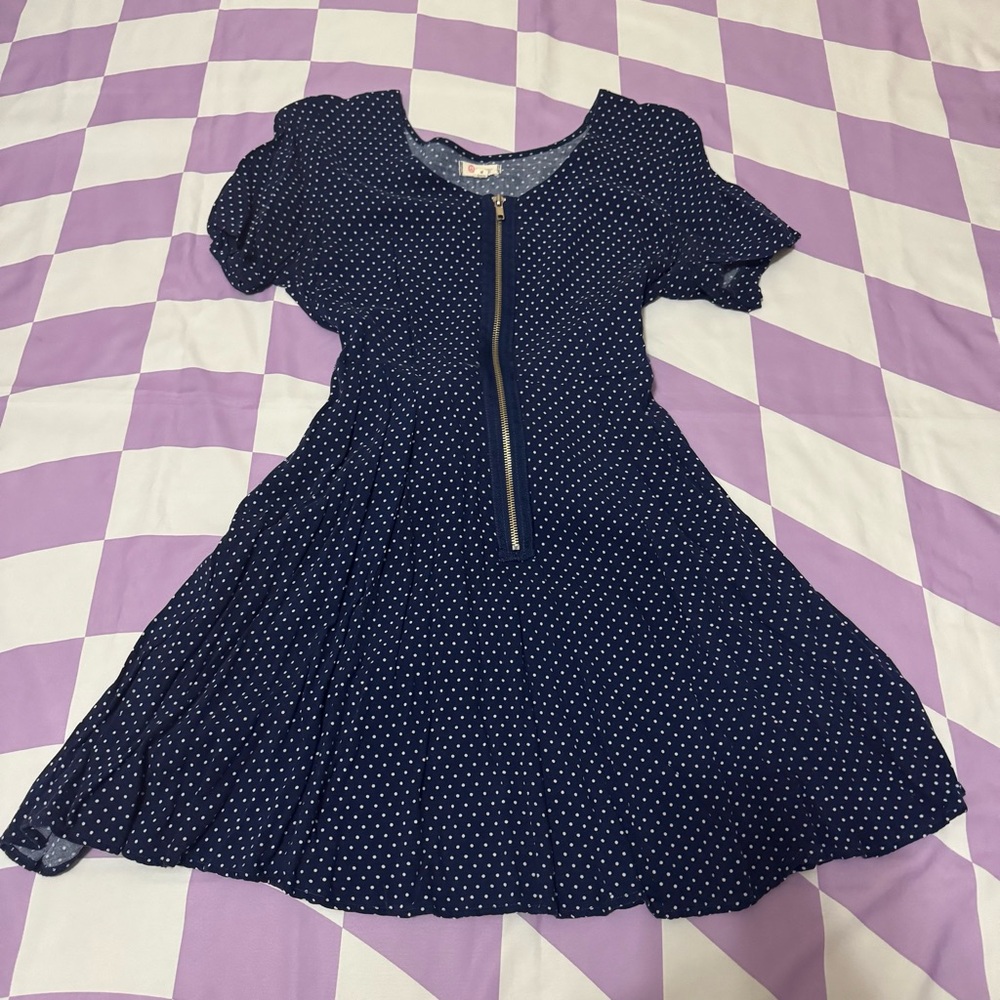 Navy Blue White Polka Dot Front Zip Olsenboye Mini Dress